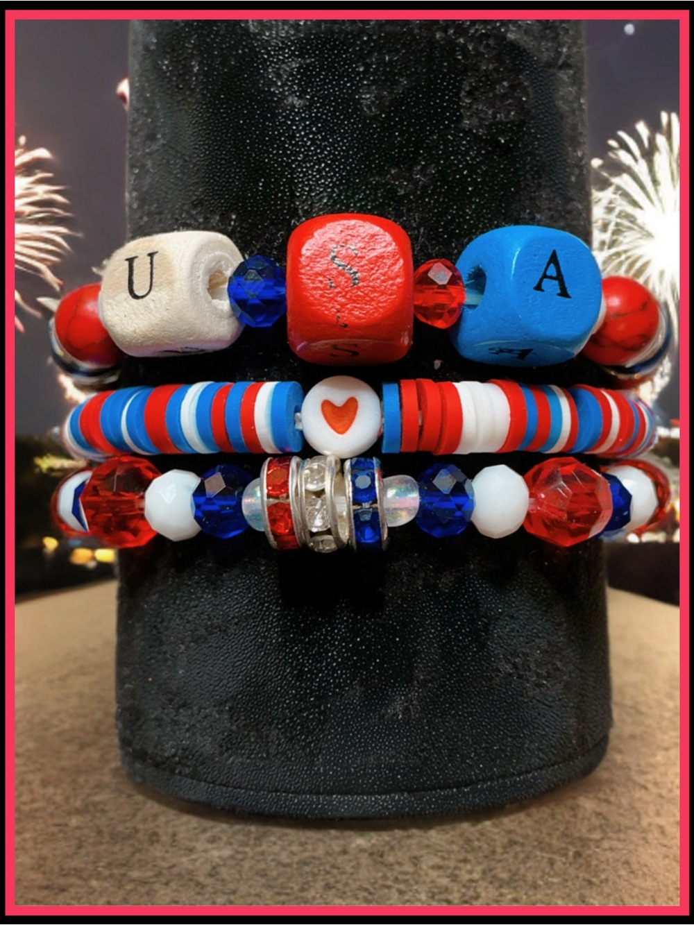 Patriotic Red, White & Blue U.S.A. Beaded Bracelet Set